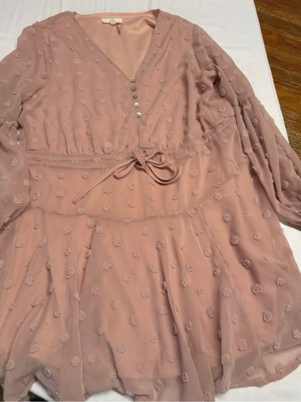 entro Rose Pink Embroidered V-Neck Tie-Waist Mini Dress
